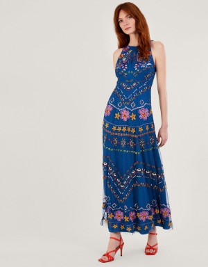 Blue Women's Monsoon Theodora Embroidered Maxi in Recycled Polyester Dress | QMW-5526