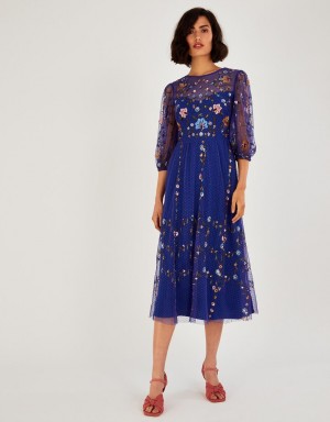 Blue Women's Monsoon Yennefer Embroidered Midi Dress | IFL-1453