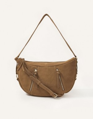 Brown Women's Monsoon Dana Zip Suede Shoulder Bags | RPU-2197