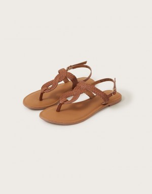 Brown Women's Monsoon Leather Twist Toe Post Sandals | FXO-9632