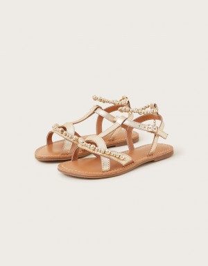 Gold Kids' Monsoon Leather Beaded Sandals | VZH-3326