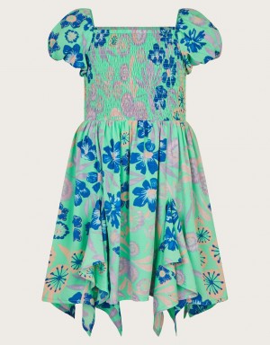 Green Kids' Monsoon Retro Floral Dress | HQC-4259