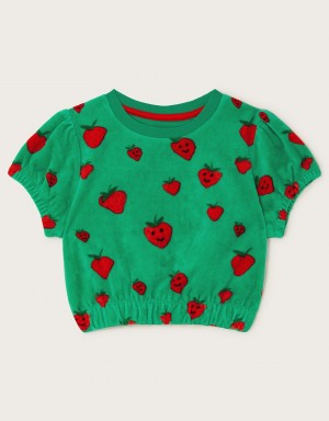 Green Kids' Monsoon Strawberry Print Velour Tops | ETC-5873