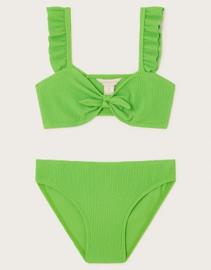 Green Kids' Monsoon Tie Bow Textured Bikini Set Swimwear | LBF-7422