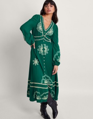 Green Women's Monsoon Clio Embroidered Dress | PWY-8593