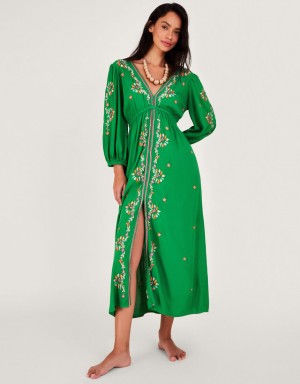 Green Women's Monsoon Embroidered Maxi Kaftan in LENZING™ ECOVERO™ Dress | DVK-6840