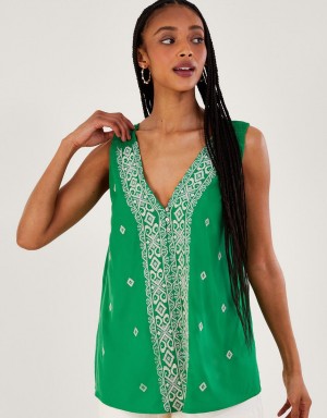 Green Women's Monsoon Embroidered Wide Strap Vest Tops | DCB-3186