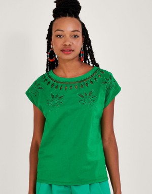 Green Women's Monsoon Floral Cut-Out T-Shirt | NZS-7439