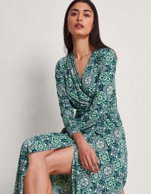 Green Women's Monsoon Kit Print Wrap Dress | BKB-0819