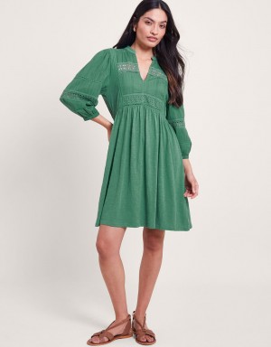 Green Women's Monsoon Lia Lace Trim Dress | XIO-4890