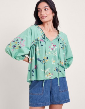 Green Women's Monsoon Maya Floral Embroidered Tops | TAF-5326