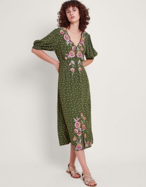 Green Women's Monsoon Myla Embroidered Tea Dress | MMR-2020