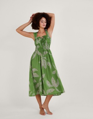 Green Women's Monsoon Palm Spot Print Midi Sundress in Sustainable Cotton Dress | PFU-1846