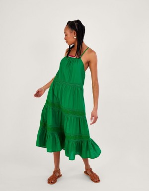 Green Women's Monsoon Plain Broderie Lace Trim Midi in Sustainable Cotton Dress | AIX-7374