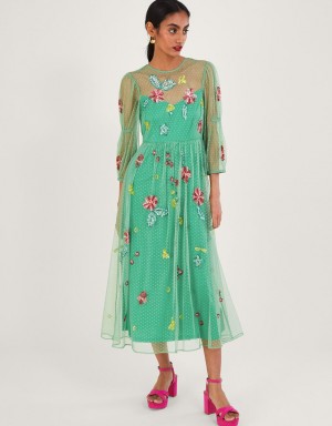 Green Women's Monsoon Rosa Embellished Midi Dress | GON-6906