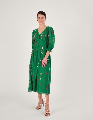 Green Women's Monsoon Simone Button Through Embroidered in Recycled Polyester Dress | SXB-7527