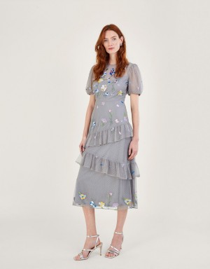 Grey Women's Monsoon Gwendolyn Embroidered Tiered Midi Dress | ZZM-6572