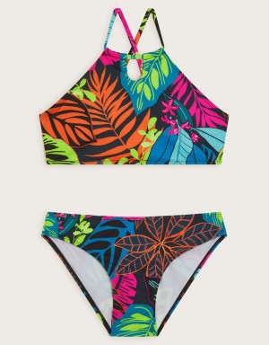 Multicolor Kids' Monsoon Palm Print Bikini Set Swimwear | XXW-1488