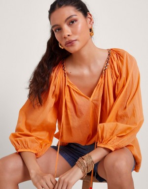 Orange Women's Monsoon Amy Tie Neck Tops | MEL-5299