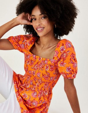 Orange Women's Monsoon Floral Print Shirred Bodice in Sustainable Cotton Tops | EOG-8790