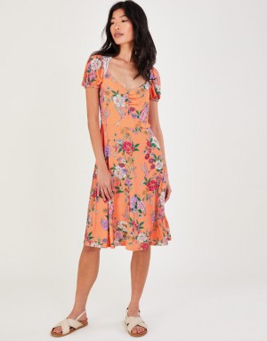 Orange Women's Monsoon Lace Insert Floral Jersey Dress | NTH-2109