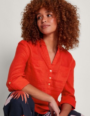 Orange Women's Monsoon Layla Pocket Linen Tops | NPE-7846