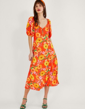 Orange Women's Monsoon Manuela Sunflower in Sustainable Viscose Dress | SUU-4280