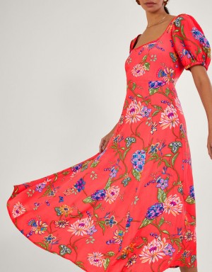 Orange Women's Monsoon Regina Floral Print Tea with Sustainable Viscose Dress | QPB-1069