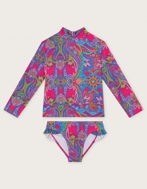 Pink Kids' Monsoon 2-Piece Paisley Long Sleeve Set Swimwear | UVA-5980