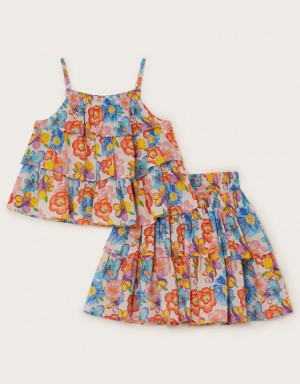 Pink Kids' Monsoon Floral Print Ruffle Set Swimwear | SXC-8166