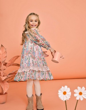 Pink Kids' Monsoon Floral Stripe Long Sleeve Dress | FDE-0588