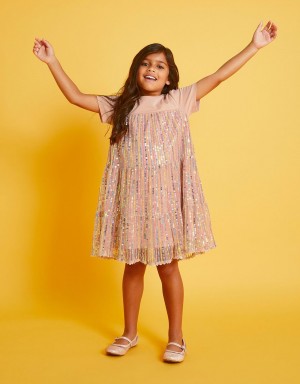 Pink Kids' Monsoon Jersey Sequin Tiered Dress | INW-1381