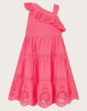 Pink Kids' Monsoon One-Shoulder Broderie Dress | DVA-7444