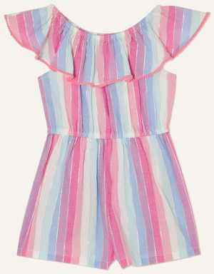 Pink Kids' Monsoon Stripe Frill Romper Swimwear | EVZ-3154