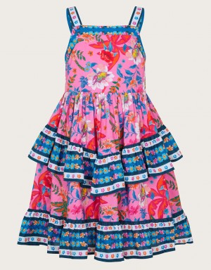 Pink Kids' Monsoon Tropical Print Tiered Dress | FSK-1040