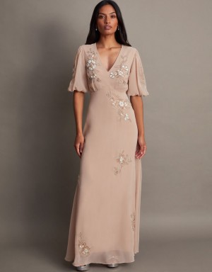 Pink Women's Monsoon August Embellished Maxi Dress | OUG-0614