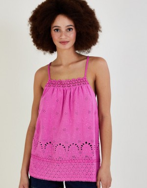 Pink Women's Monsoon Broderie Detail Cami in Sustainable Cotton Tops | SRN-1165