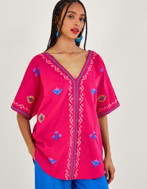 Pink Women's Monsoon Drop Sleeve Embroidered Tops | FKP-0129