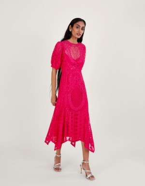 Pink Women's Monsoon Embeth Lace Hanky Hem Dress | EEI-1133