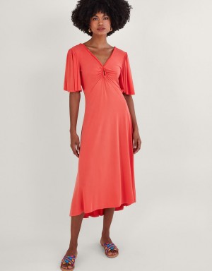 Pink Women's Monsoon Jersey Pom-Pom Trim Keyhole Detail Dress | PML-3243