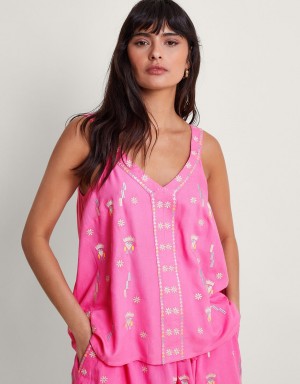 Pink Women's Monsoon Kiran Embroidered Cami Tops | KLN-1007