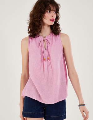 Pink Women's Monsoon Long Line Tank in Linen Blend Tops | TOA-2743