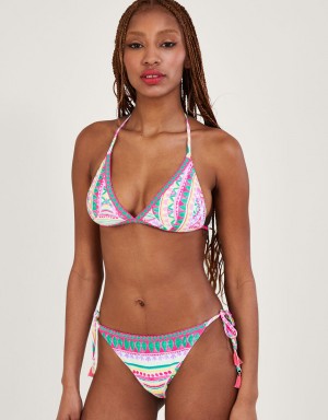 Pink Women's Monsoon Mosaic Print Crochet Trim Bikini Bottoms with Recycled Polyester Swimwear | KWW-4493