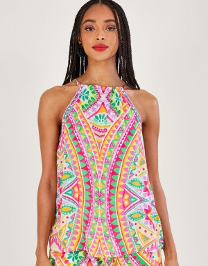 Pink Women's Monsoon Mosaic Print Halter Cami Tops | PHQ-8386