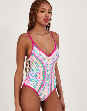 Pink Women's Monsoon Mosaic Print Swimsuit with Recycled Polyester Swimwear | WIO-1531