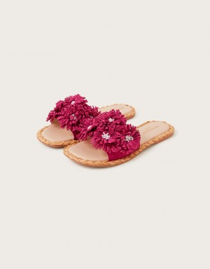 Pink Women's Monsoon Raffia Floral Suede Sandals | NZN-3077