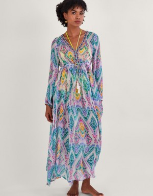 Pink Women's Monsoon Rainbow Ikat Print Kaftan in LENZING™ ECOVERO™ Dress | OCQ-6224