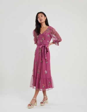 Pink Women's Monsoon Sabrina Embellished Midi Dress | FPN-8865