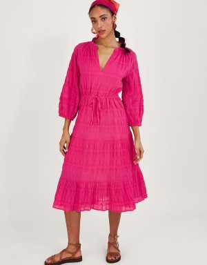 Pink Women's Monsoon Textured Tiered Smock Dress | BKI-5585