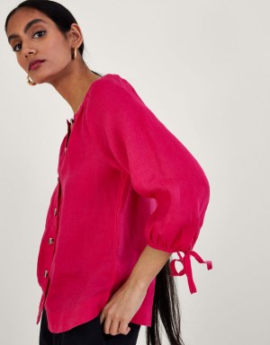 Pink Women's Monsoon Tie Cuff Button Through Linen Blouse | AXB-5009